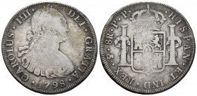 Charles IV (1788-1808). 8 reales. 1798. Potosí. PP. (Cal-1002). Ag. 26,39 g. F/Choice F. Est...50,00. 

Spanish Description: Carlos IV (1788-1808). ...
