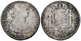 Charles IV (1788-1808). 8 reales. 1802. Potosí. PP. (Cal-1006). Ag. 26,67 g. F/Choice F. Est...60,00. 

Spanish Description: Carlos IV (1788-1808). ...