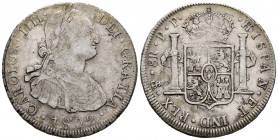 Charles IV (1788-1808). 8 reales. 1802. Potosí. PP. (Cal-1006). Ag. 27,07 g. Choice F/Almost VF. Est...80,00. 

Spanish Description: Carlos IV (1788...