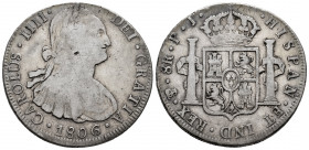 Charles IV (1788-1808). 8 reales. 1806. Potosí. PJ. (Cal-1012). Ag. 26,61 g. F/Choice F. Est...50,00. 

Spanish Description: Carlos IV (1788-1808). ...