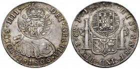 Charles IV (1788-1808). 8 reales. 1806. Potosí. PJ. (Bentes-441.03). (Cal-1012). Ag. 27,03 g. Cuiaba countermark for circulation in Brazil as 960 reis...
