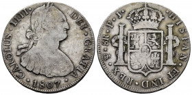 Charles IV (1788-1808). 8 reales. 1807. Potosí. PJ. (Cal-1013). Ag. 26,95 g. Choice F. Est...50,00. 

Spanish Description: Carlos IV (1788-1808). 8 ...