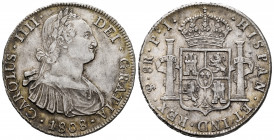 Charles IV (1788-1808). 8 reales. 1808. Potosí. PJ. (Cal-1014). Ag. 26,66 g. Toned. Choice VF. Est...150,00. 

Spanish Description: Carlos IV (1788-...