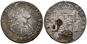 Charles IV (1788-1808). 8 reales. 1808. Potosí. PJ. (Cal-1014). Ag. 26,90 g. Toned. Choice VF. Est...150,00. 

Spanish Description: Carlos IV (1788-...