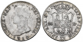 Joseph Napoleon (1808-1814). 20 reales. 1810. Madrid. AI. (Cal-37). Ag. 27,37 g. Large eagle. Almost VF/VF. Est...250,00. 

Spanish Description: Jos...