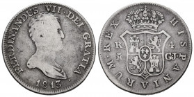 Ferdinand VII (1808-1833). 4 reales. 1813. Madrid. GJ/GI. (Cal-1077). Ag. Rectified assayers marks. Bare bust. Very rare. A few specimens known. Choic...