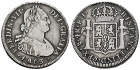Ferdinand VII (1808-1833). 4 reales. 1813. Santiago. FJ. (Cal-1121). Ag. 13,21 g. Toned. Slightly cleaned. Scarce. Ex Áureo 2/7/1996, lot 757. Almost ...