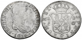 Ferdinand VII (1808-1833). 8 reales. 1814. Cadiz. CJ. (Cal-1154). Ag. 27,37 g. F. Est...120,00. 

Spanish Description: Fernando VII (1808-1833). 8 r...