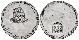 Ferdinand VII (1808-1833). 1 duro. 1808. Gerona. (Cal-1201). Ag. 26,48 g. Minor hairlines on reverse. Choice VF. Est...200,00. 

Spanish Description...
