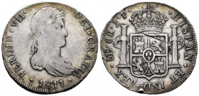 Ferdinand VII (1808-1833). 8 reales. 1811. Lima. JP. (Cal-1243). Ag. 26,93 g. First-year king´s bust. Knock on edge. Scratch on reverse. Scarce. Choic...