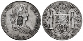 Ferdinand VII (1808-1833). 8 reales. 1819. Lima. JP. (Cal-1251). Ag. 27,64 g. Shield of Portugal (MBC+) counterstamp, De May 1040. Very scarce. Choice...