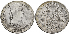 Ferdinand VII (1808-1833). 8 reales. 1814. Madrid. GJ. (Cal-1268). Ag. 26,68 g. First-year laureate bust. Scratch on obverse. Scarce. Choice F/Almost ...