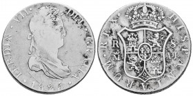 Ferdinand VII (1808-1833). 8 reales. 1825. Madrid. AJ. (Cal-1279). Ag. 26,49 g. Cleaned. Very rare. F/Choice F. Est...300,00. 

Spanish Description:...