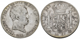 Ferdinand VII (1808-1833). 20 reales. 1823. Madrid. SR. (Cal-1283). Ag. 26,86 g. "Cabezon" type. Very scarce. Choice F. Est...150,00. 

Spanish Desc...