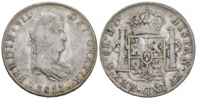Ferdinand VII (1808-1833). 8 reales. 1811. Mexico. HJ. (Cal-1318). Ag. 26,80 g. First-year laureate bust. Choice F. Est...60,00. 

Spanish Descripti...