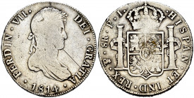 Ferdinand VII (1808-1833). 8 reales. 1814. Potosí. PJ. (Cal-1378). Ag. 26,74 g. Scratch on obverse. Cleaned. Choice F. Est...50,00. 

Spanish Descri...