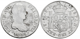 Ferdinand VII (1808-1833). 8 reales. 1823. Potosí. PJ. (Cal-1388). Ag. 26,45 g. Cleaned rust. Choice F. Est...45,00. 

Spanish Description: Fernando...
