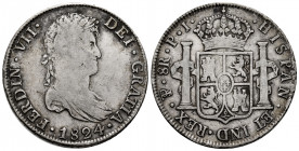 Ferdinand VII (1808-1833). 8 reales. 1824. Potosí. PJ. (Cal-1391). Ag. 26,94 g. Choice F. Est...70,00. 

Spanish Description: Fernando VII (1808-183...