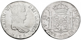 Ferdinand VII (1808-1833). 8 reales. 1825. Potosí. J. (Cal-1393). Ag. 26,90 g. Knock on edge. Scarce. Almost VF/VF. Est...120,00. 

Spanish Descript...