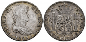Ferdinand VII (1808-1833). 8 reales. 1825. Potosí. JL. (Cal-1394). Ag. 26,93 g. Republican coinage. Toned. Almost VF. Est...100,00. 

Spanish Descri...