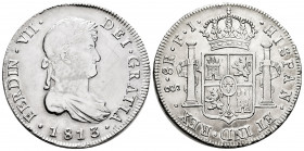 Ferdinand VII (1808-1833). 8 reales. 1813. Santiago. FJ. (Cal-1406). Ag. 26,87 g. Laureate bust. Surface corrosion removed. Graffiti on the field on o...
