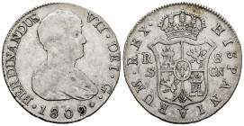 Ferdinand VII (1808-1833). 8 reales. 1809. Sevilla. CN. (Cal-1412). Ag. 26,86 g. Bare bust. Choice F/Almost VF. Est...150,00. 

Spanish Description:...