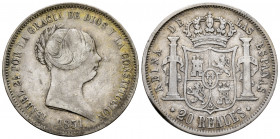 Elizabeth II (1833-1868). 20 reales. 1851. Madrid. (Cal-593). Ag. 25,92 g. Toned. Almost VF. Est...90,00. 

Spanish Description: Isabel II (1833-186...