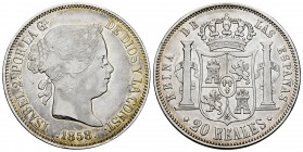 Elizabeth II (1833-1868). 20 reales. 1858. Madrid. (Cal-615). Ag. 25,75 g. Cleaned. Almost VF. Est...75,00. 

Spanish Description: Isabel II (1833-1...