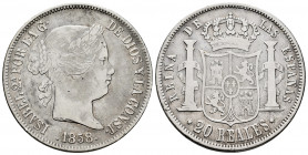 Elizabeth II (1833-1868). 20 reales. 1858. Sevilla. (Cal-634). Ag. 25,66 g. Choice F/F. Est...40,00. 

Spanish Description: Isabel II (1833-1868). 2...