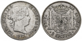 Elizabeth II (1833-1868). 2 escudos. 1867. Madrid. (Cal-647). Ag. 25,71 g. Almost VF. Est...100,00. 

Spanish Description: Isabel II (1833-1868). 2 ...