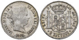 Elizabeth II (1833-1868). 2 escudos. 1868*18-68. Madrid. (Cal-648). Ag. 25,73 g. Minor nick on edge. VF/Choice VF. Est...120,00. 

Spanish Descripti...