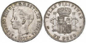 Centenary of the Peseta (1868-1931). Alfonso XIII (1886-1931). 5 pesetas. 1897. Manila. SGV. (Cal-122). Ag. 24,99 g. Choice VF. Est...75,00. 

Spani...