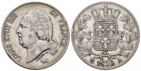 France. Louis XVIII. 5 francs. 1822. Paris. A. (Km-711.13). Ag. 24,71 g. Almost VF/VF. Est...50,00. 

Spanish Description: Francia. Louis XVIII. 5 f...