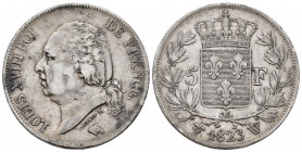 France. Louis XVIII. 5 francs. 1823. Lille. W. (Km-711.13). Ag. 24,90 g. Almost VF/VF. Est...35,00. 

Spanish Description: Francia. Louis XVIII. 5 f...
