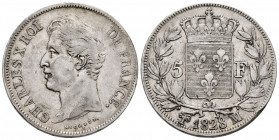 France. Charles X. 5 francs. 1828. Marseille. MA. (Km-728.10). Ag. 24,89 g. Minor nick on edge. Scarce. Almost VF. Est...75,00. 

Spanish Descriptio...