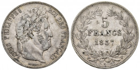 France. Louis Philippe I. 5 francs. 1837. Lille. W. (Km-749.13). Ag. 24,99 g. Almost VF. Est...40,00. 

Spanish Description: Francia. Louis Philippe...