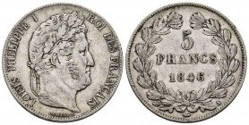 France. Louis Philippe I. 5 francs. 1846. Paris. A. (Km-749.1). Ag. 24,88 g. Almost VF. Est...30,00. 

Spanish Description: Francia. Louis Philippe ...