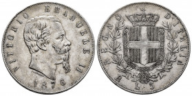 Italy. Vittorio Emanuele II. 5 lire. 1876. Rome. R. (Km-8.4). (Pagani-499). Ag. 24,80 g. Minor nicks on edge. Choice VF. Est...50,00. 

Spanish Desc...
