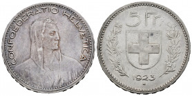Switzerland. 5 francs. 1923. Bern. B. (Km-37). Ag. 25,05 g. Almost XF. Est...70,00. 

Spanish Description: Suiza. 5 francs. 1923. Berna. B. (Km-37)....