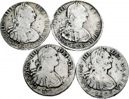 Lot of 4 coins of Carlos IV. 8 Reales 1799 México FM, 1803 Potosí PJ, 1806 Potosí PJ and 1808 México TH. All with multiple oriental countermarks. Ar. ...