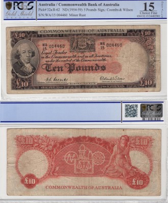 Australia, 10 Pounds, 1960-1965, FINE, p36a
PCGS 15, serial number: WA/15 00446...