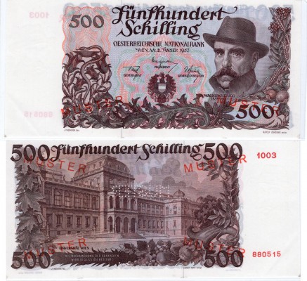 Austria, 500 Shillings, 1953, UNC, p134, SPECİMEN
seri numarası: 1003-880515, A...