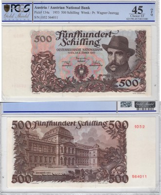Austria, 500 Shillings, 1953, XF, p134a
PCGS 45, OPQ, serial number: 1052.56401...