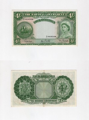 Bahamas, 4 Shillings, 1954, XF / AUNC, p13b
serial number: A/3 004359, signs: G...