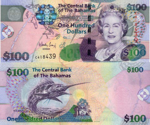 Bahamas, 100 Dollars, 2009, UNC, p76
serial number: C 418439, Queen Elizabeth I...