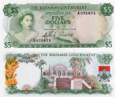 Bahamas, 5 Dollars, 1965, UNC, p20a
serial number: A 031671, signs: Stafford Lofthouse Stands - George Vincent Emile Higgs, Queen Elizabeth II portra...