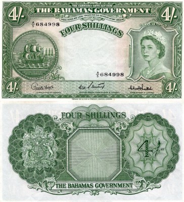 Bahamas, 4 Shillings, 1961, VF / XF, p13c
serial number: A/5 684998, signs: Geo...