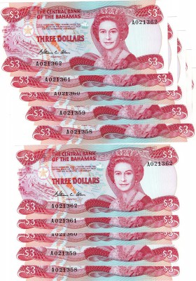 Bahamas, 3 Dollars, 1984, UNC, p44a, FİVE CONSECUTİVE BANKNOTES)
serial numbers...
