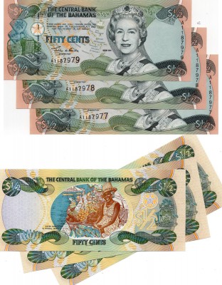 Bahamas, 50 Cents, 2001, UNC, p68, (THREE CONSECUTİVE BANKNOTES)
serial numbers...
