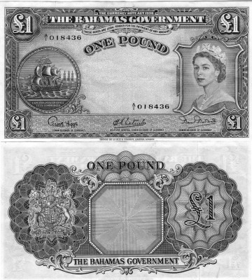 Bahamas, 1 Pound, 1953, VF, p15a
serial number: A/1 018436, Queen Elizabeth II ...